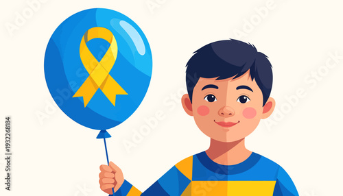 Young boy holding a blue balloon with a yellow ribbon symbolizing Down Syndrome awareness. Vector Illustrations. EPS Editable
