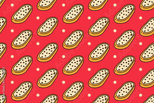 Sweet custard tart with dot colorful illustration seamless pattern on red background set for bakery merchandise. Classic sweet tart cartoon pattern background for cafes and restaurant