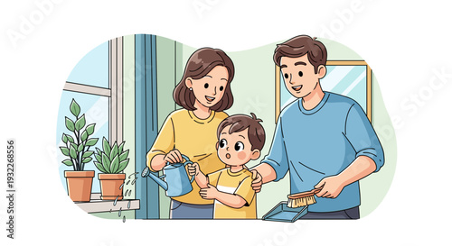 Family of Three Preparing Meal Together.