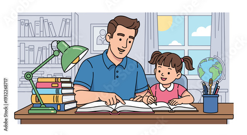 Father and daughter reading together at desk 2.