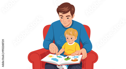 Father and Son Reading Together on Sofa.