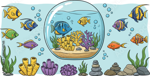 Colorful underwater aquarium fish bowl illustration with tropical marine life, coral reef, and aquatic cartoon scenery
