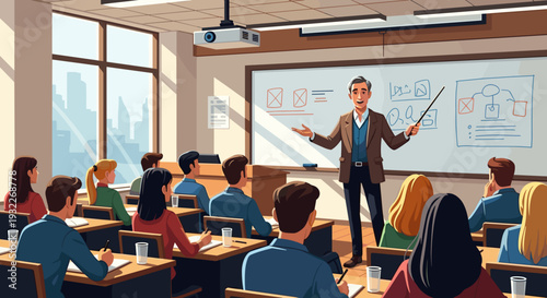 Male Teacher Lecturing Students in Classroom.