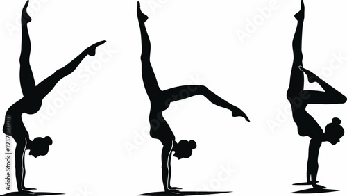 Three women performing dynamic handstand variations in unison