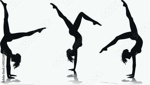 Three women performing dynamic handstands in unison with elegance