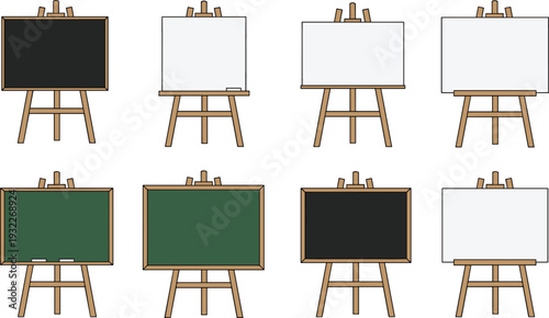 Flat vector illustration set of wooden art easels with blank white canvases, green chalkboards, and blackboards for school classroom, office presentations, and creative artistic projects.