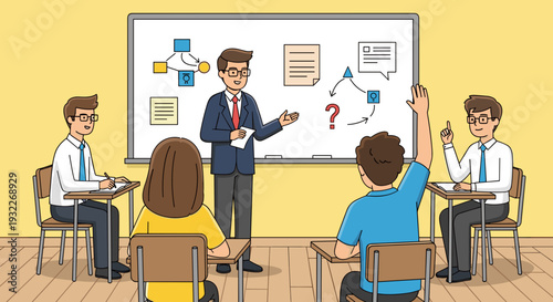 Teacher Discussing with Students in Classroom.