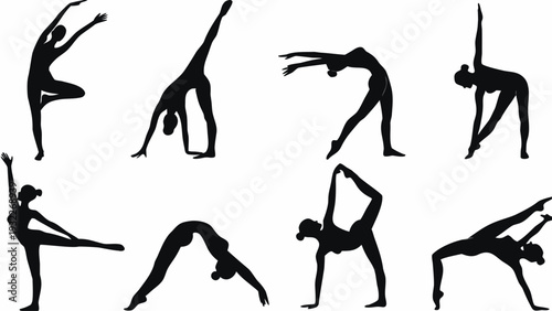 Eight silhouettes of women performing various yoga poses