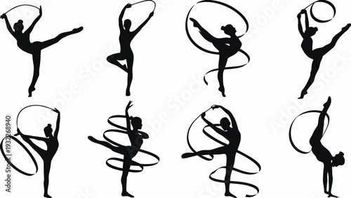 Elegant rhythmic gymnasts performing with ribbons and hoops