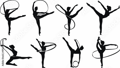 Silhouettes of gymnasts performing dynamic routines with hoops
