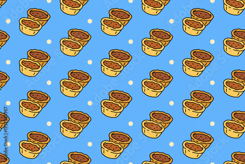Baked fruit mince pastry colorful illustration seamless pattern on blue background set for dessert merchandise. Sweet fruit mince tart cartoon pattern background for cafes and bakery