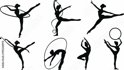 Elegant rhythmic gymnasts performing with hoops in various poses