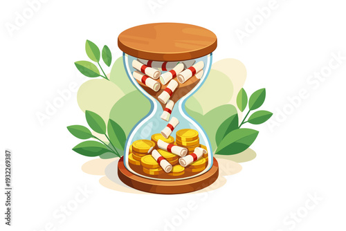 Hourglass with coins and pills illustration.