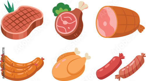 Flat cartoon meat food illustration set, steak ham sausages chicken vector icons isolated on light background design