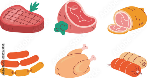 Flat cartoon meat products illustration set, steak ham sausages chicken vector food icons isolated on background