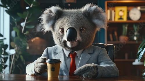 Koala bear in suit drinking coffee at desk in office setting professional animal anthropomorphic character 100