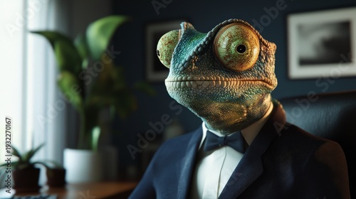 Chameleon in suit stock photo for business concept and animal fashion with reptile and bow tie for sale