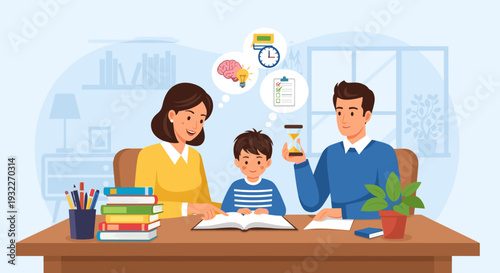 Family Studying Together at Home Desk 2.