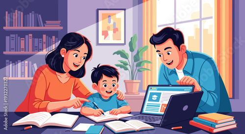 Family Studying Together with Laptop and Books.