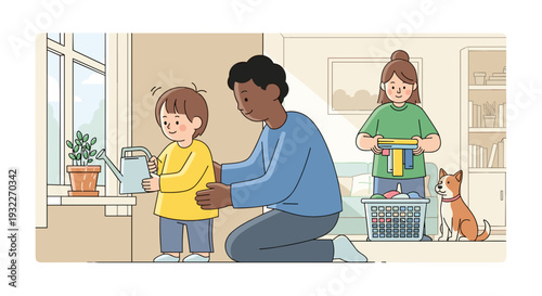 Family with Children and Dog in Living Room.