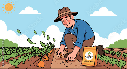 Farmer Planting Carrots in the Field.