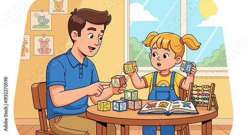 Father and Daughter Building with Blocks Together.