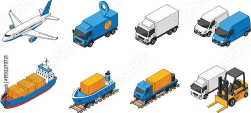 Isometric Vector Illustration Set of Transportation Vehicles Including Cargo Planes Delivery Trucks Shipping Containers Vans Forklifts and Freight Vessels for Global Logistics and Supply Chain