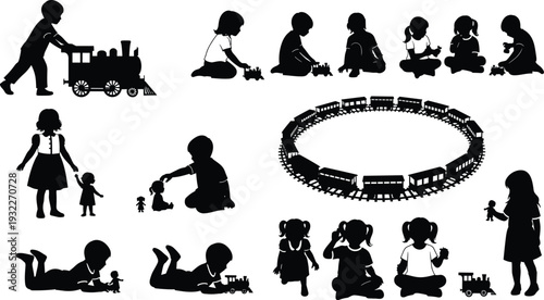 Large vector collection featuring children playing with trains hiker silhouettes basketball players construction workers sports car top views colorful people and roaring lion mascots