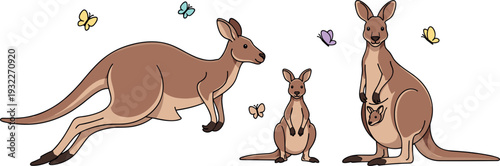 Cute kangaroo family cartoon illustration with mother father and baby surrounded by colorful butterflies