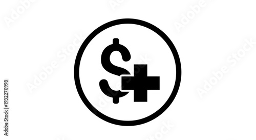 Dollar Sign with Plus Icon, Medical and Financial Health Concept, Black and White