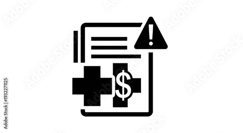 Medical Cost Icon with Warning Sign, Health Expense Alert, Black and White