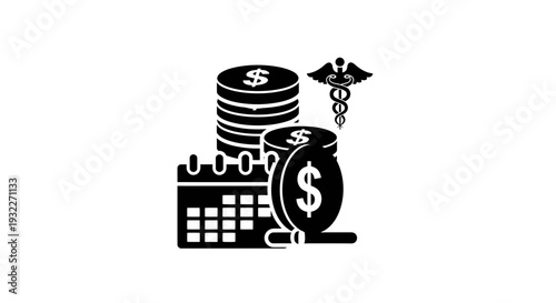 Medical Finance Icon: Calendar, Coins, Caduceus for Healthcare Costs