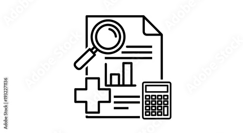 Medical finance analysis icon with calculator, chart, and magnifying glass, black and white