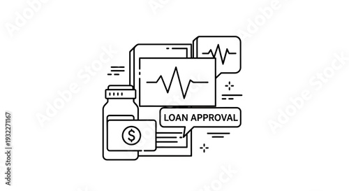 Medical Loan Approval Icon Set: Health Care Finance, EKG, Pills, Money
