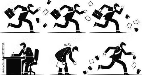Set of Busy Businessman Silhouettes Running Dropping Coffee Cups and Working at Desk Representing Stressful Office Life Workload Burnout and Hectic Professional Career Deadlines