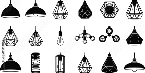 Set of black silhouette vector icons for industrial and modern pendant lighting fixtures including geometric cage lamps, dome shades, and Edison bulbs.