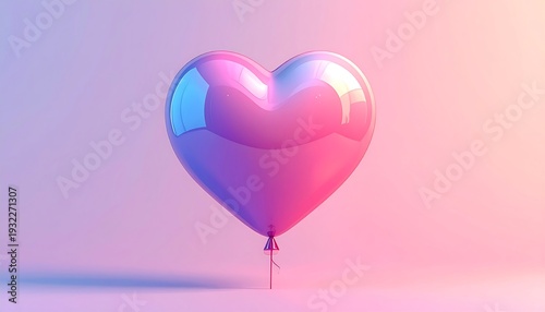 A 3D rendered, glossy, heart-shaped balloon against a soft pastel gradient background. The lighting creates a shiny effect