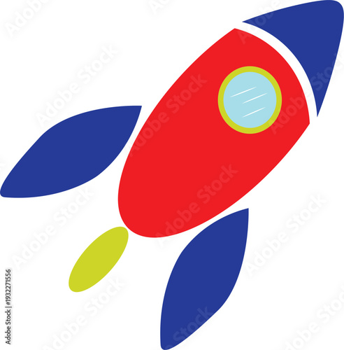 A simple and colorful illustration of a red and blue rocket ship with yellow and green accents, conveying a sense of adventure and exploration