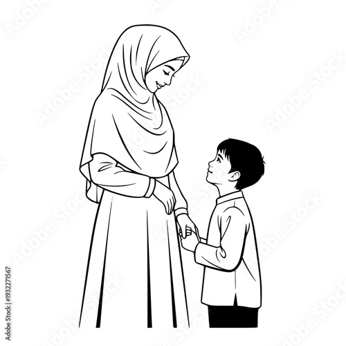 Muslim Mother and Son Loving Moment Illustration