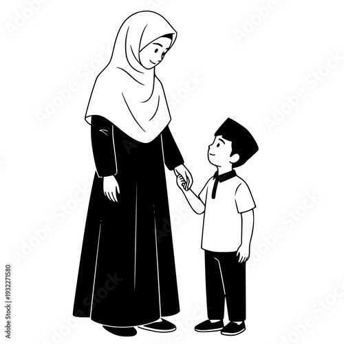 Muslim Mother and Son Holding Hands Illustration
