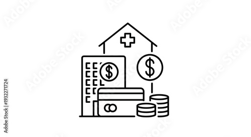 Healthcare Finance Concept: Hospital Building, Credit Card, Coins, Dollar Signs