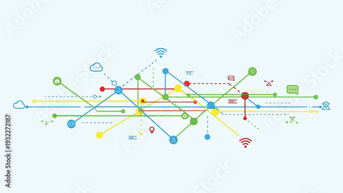Colorful network illustration with lines, icons, and connection nodes