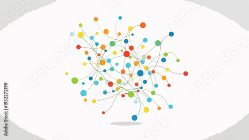 Colorful network of interconnected circles and lines on a white background