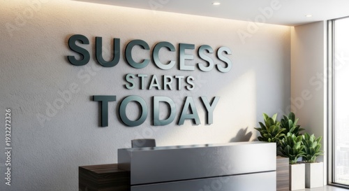 A modern office reception area with motivational wall art