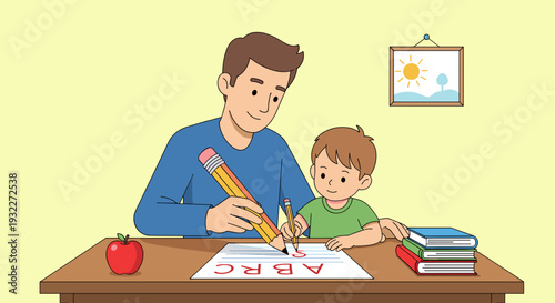 Father Teaching Son to Write Alphabet.