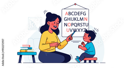 Woman Teaching Child Alphabet on Whiteboard.