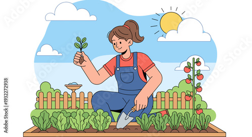 Woman Kneeling in Garden Holding Seedling.