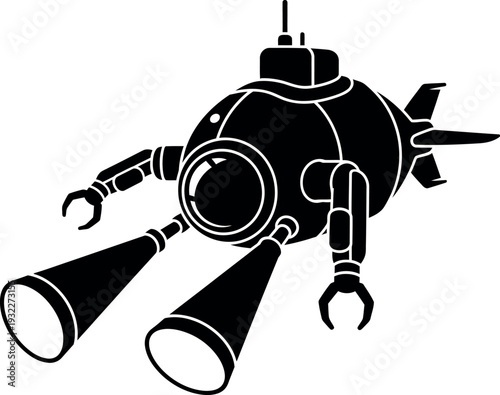Stylized black silhouette of a robotic submarine with mechanical arms