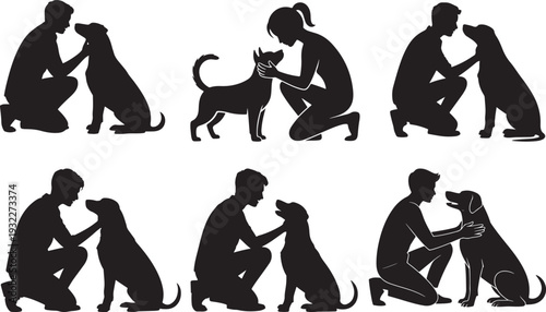 Black silhouette illustrations of people gently interacting with their beloved pet dogs