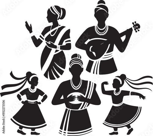 People dressed in traditional Indian attire dancing and playing music